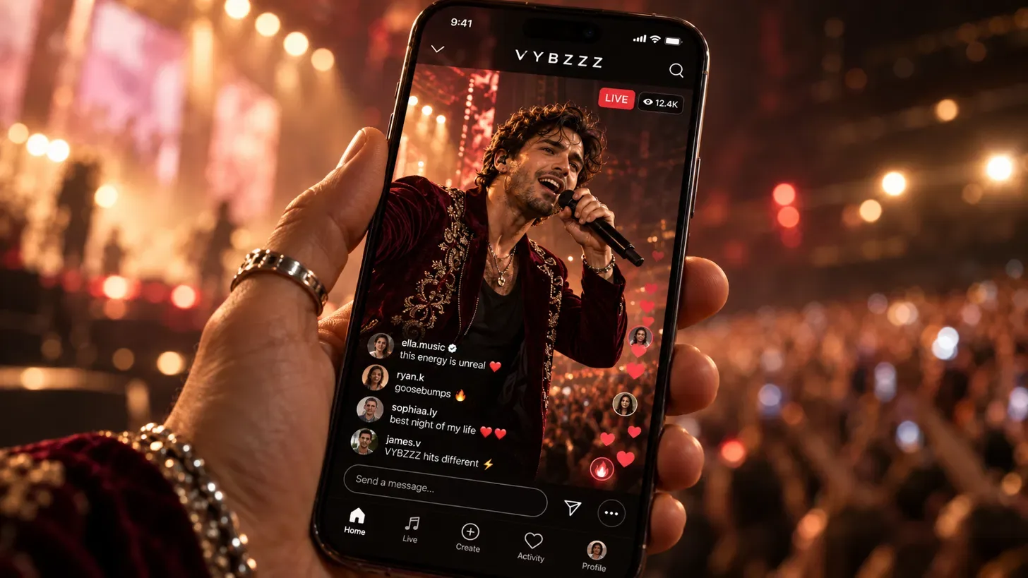 Un téléphone affiche le concert en direct dans l'application, avec le chat